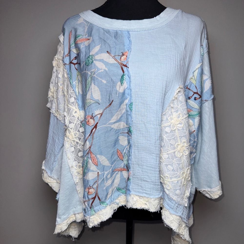 POL Clothing Light Blue Patchwork Floral Lace Boho Mixed Media Top Medium